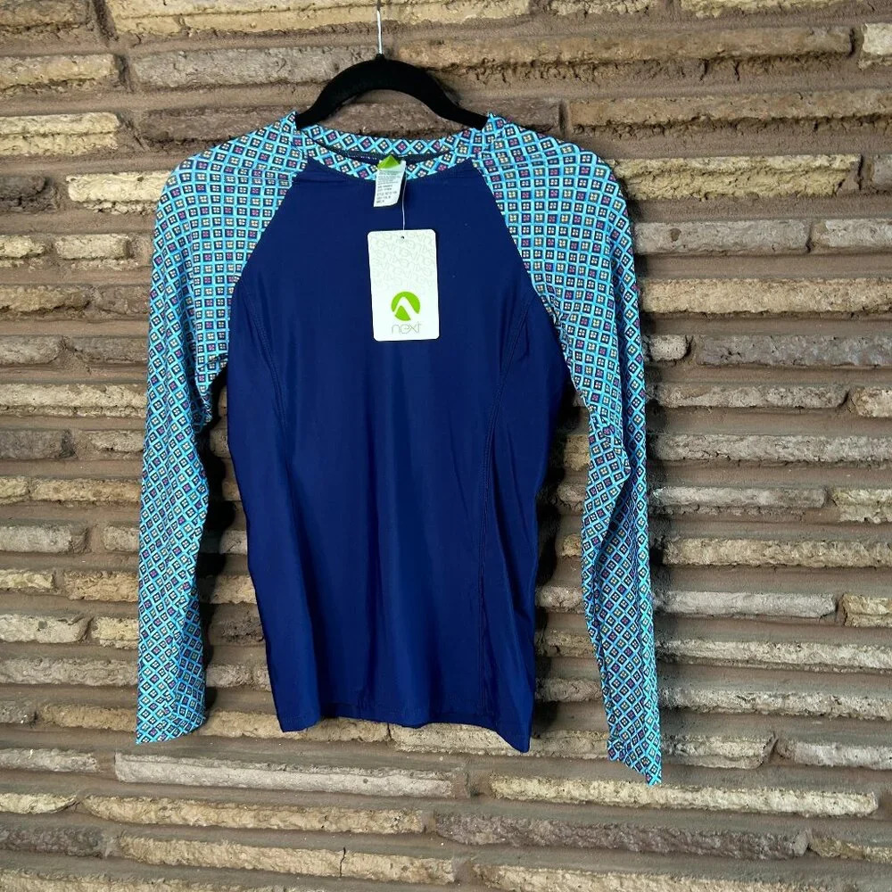 NEXT Blue Geometric Pattern Swim Long Sleeve Rash Guard NWT Size Medium